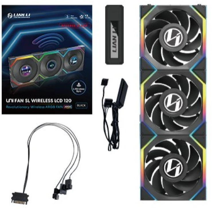 Lian Li UNI FAN SL Wireless LCD korpuso ventiliatorius, ARGB, PWM, 3er-Pack su valdikliu- Reverse Blade, 120 mm, juodos spalvos