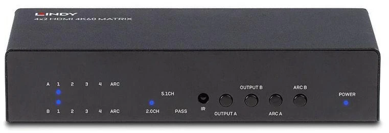 AV Jungiklis - LINDY 4x2 HDMI 4K60 Matrix su EDID Valdymu ir Dvigubas Garso Išgavimas
