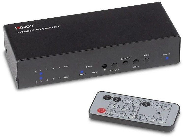 AV Jungiklis - LINDY 4x2 HDMI 4K60 Matrix su EDID Valdymu ir Dvigubas Garso Išgavimas
