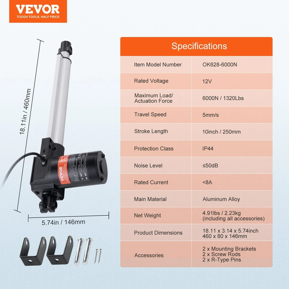 VEVOR Linearinis pavaras 12V 10 colių 6000N IP44