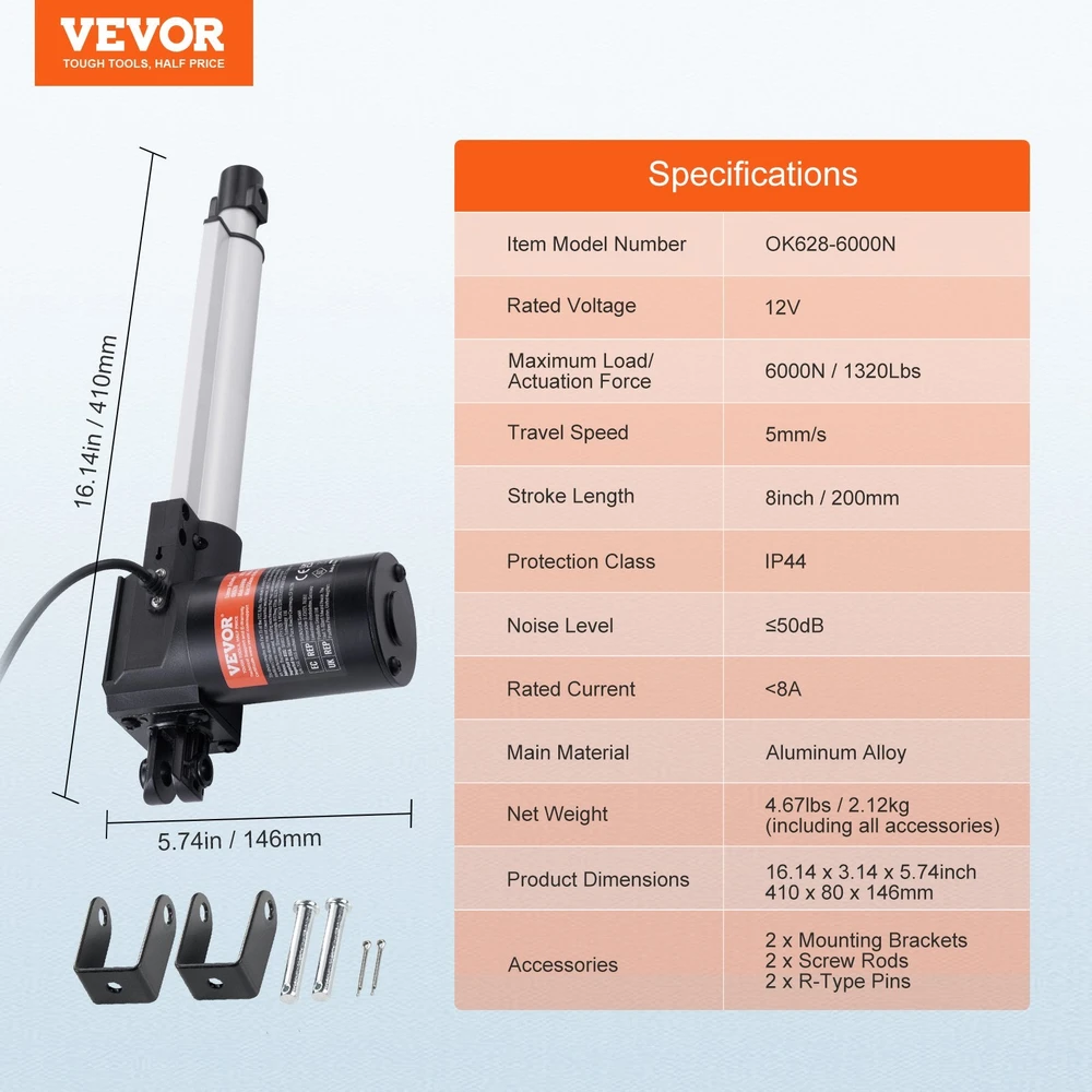 VEVOR Linijinis pavaras 12V 20 cm 6000N IP44