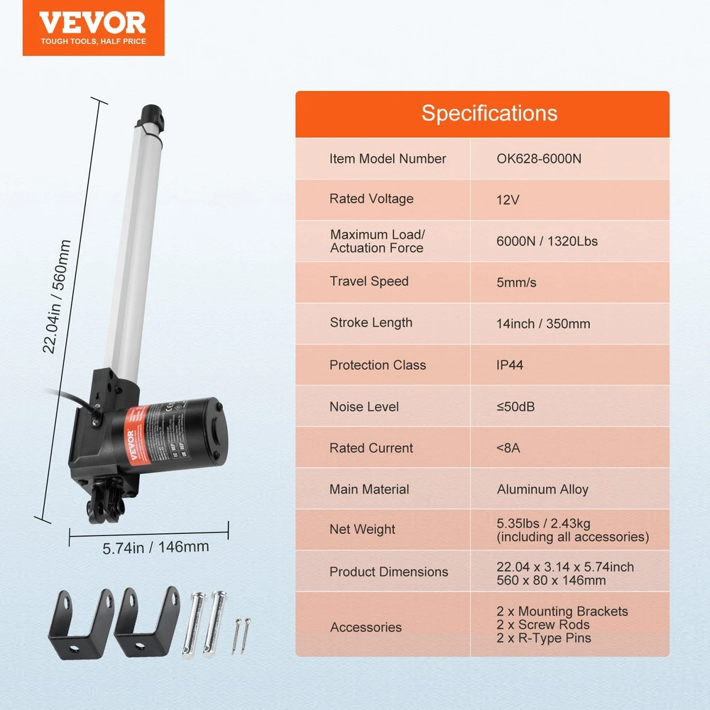 VEVOR 12V linijinis pavaras, 350 mm, 6000N
