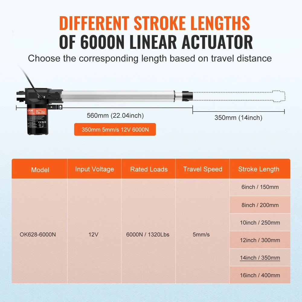 VEVOR 12V linijinis pavaras, 350 mm, 6000N