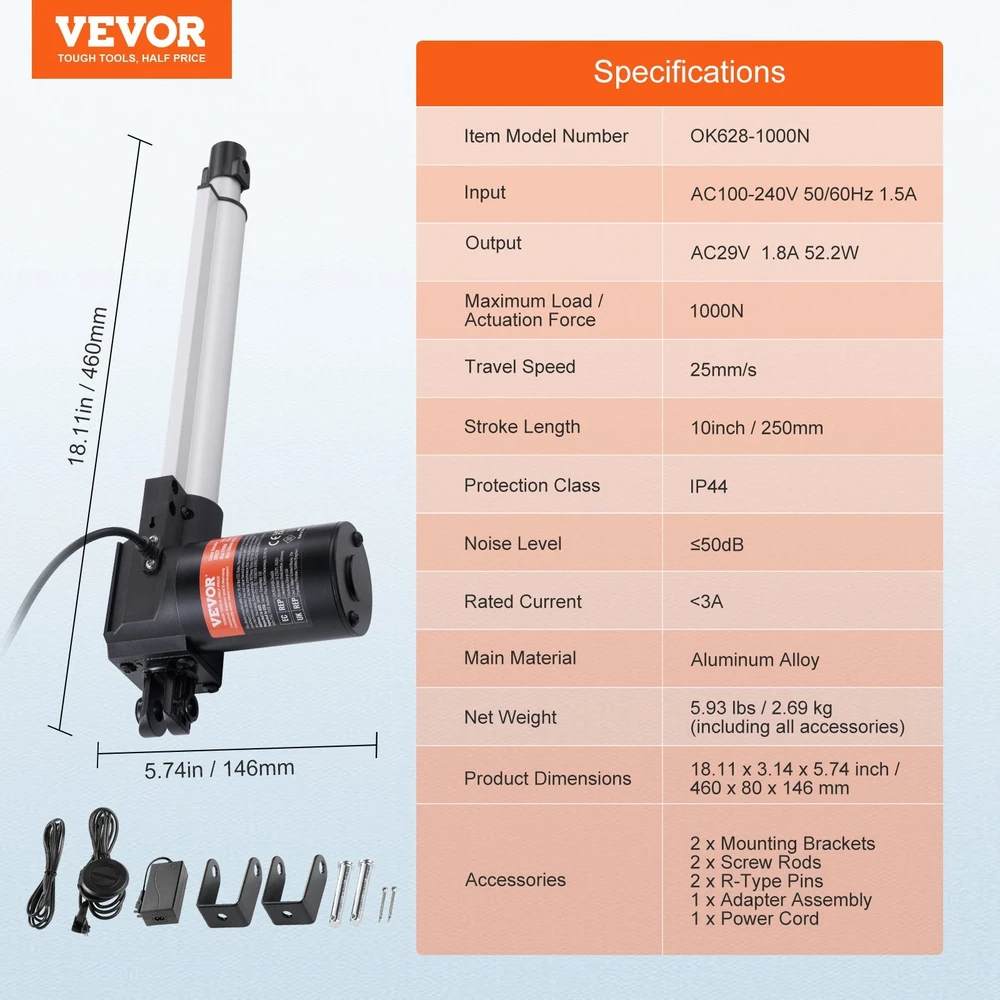 VEVOR 24V linijinis pavaras, 25 cm, 1000N