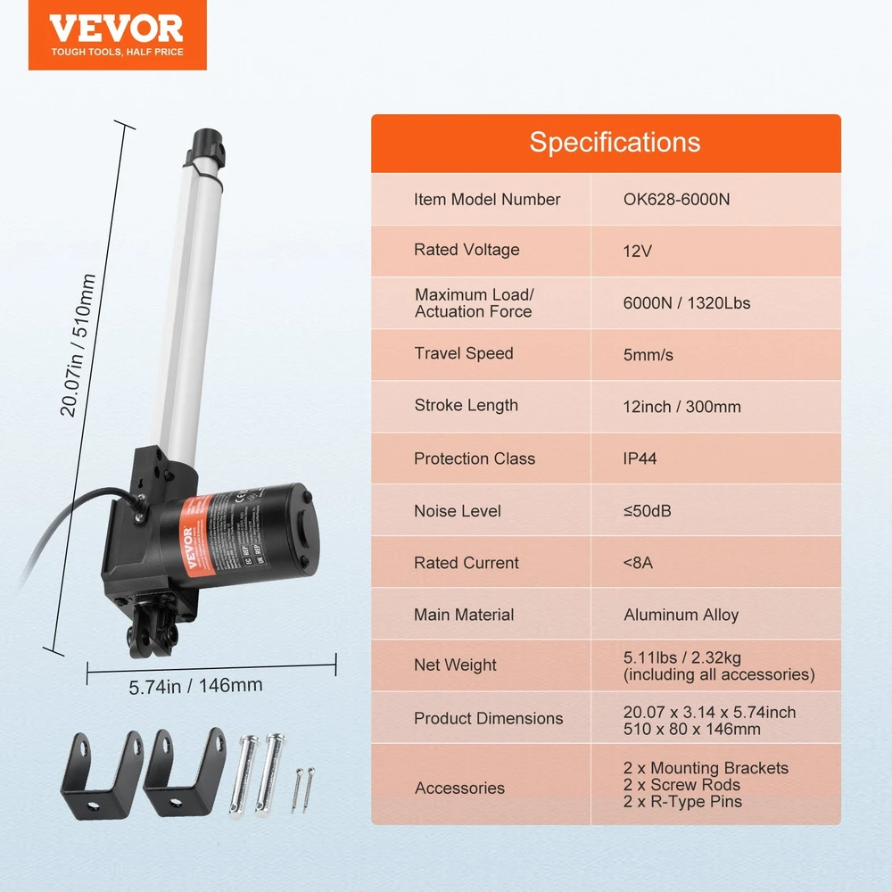 VEVOR 12V 300mm linijinis pavaras, 6000N su apsauga IP44