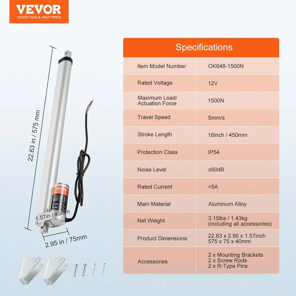 VEVOR 12V linijinis pavaras 450mm 1.5 kN