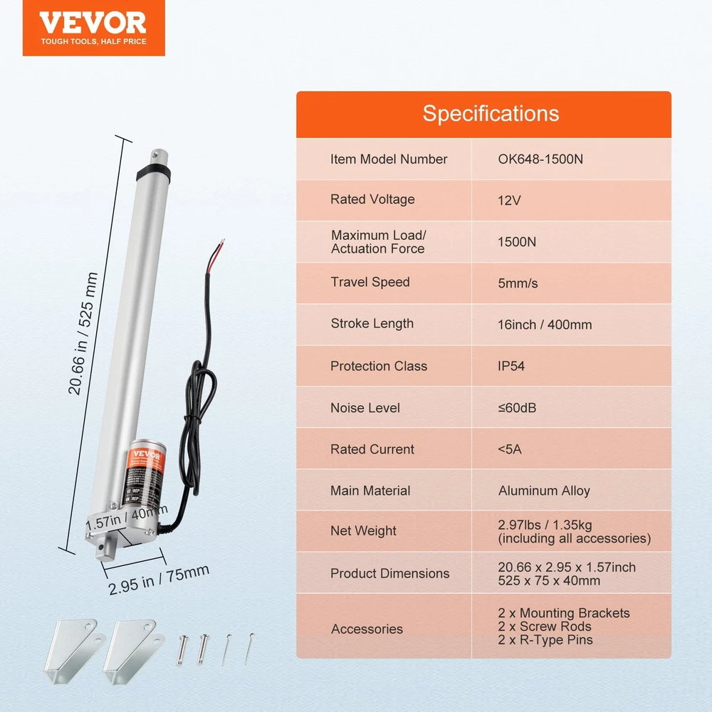VEVOR 12V linijinis pavaras 16" 1500N