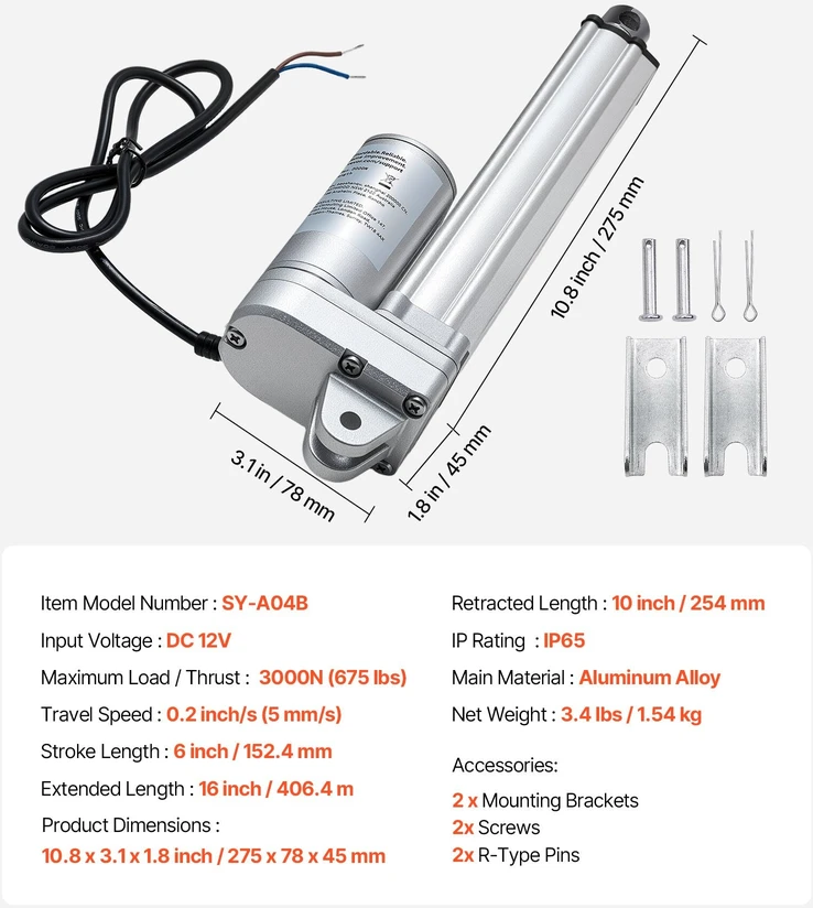 VEVOR 12V linijinis pavaras, IP65, 152mm eiga