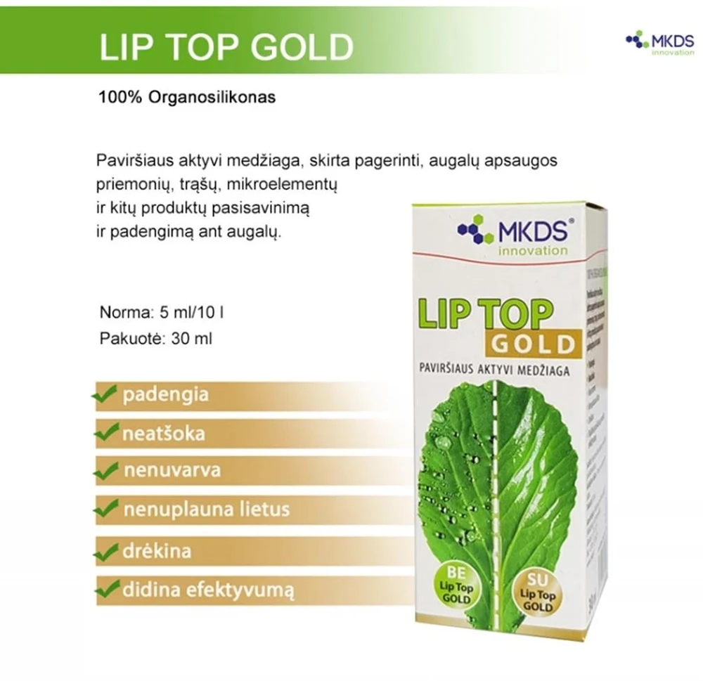 Mkds Lip top auksinis, 30 ml, augalų apsaugos produktų lipnumui padidinti