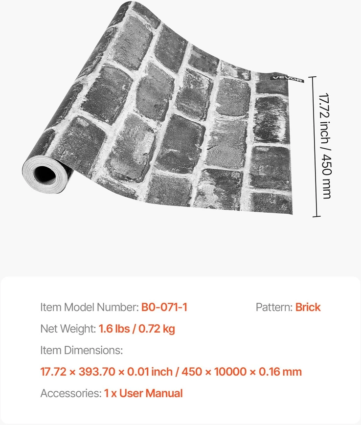 VEVOR Pilkas lipnus tapetas 45cm x 10m miegamajam