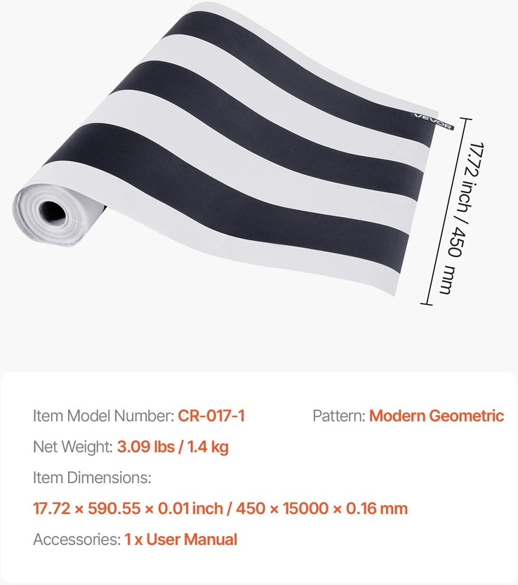 VEVOR Lipni tapetai 45cm x 15m juodai balti