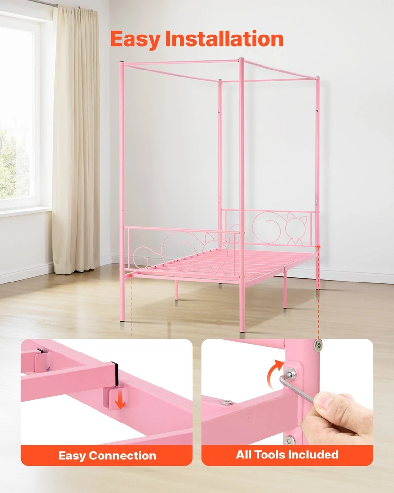 VEVOR Metalinė lova su baldakimu 90x190 cm, galvūgaliu, daiktadėže, miegamajam, elegantiška