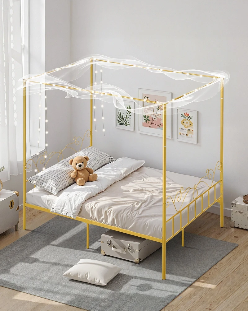 VEVOR Lovos rėmas su baldakimu 160x200, metalinė lova su galvūgaliu, moderni lova su užuolaidomis, dvigulė lova 160 cm, auksinė lova