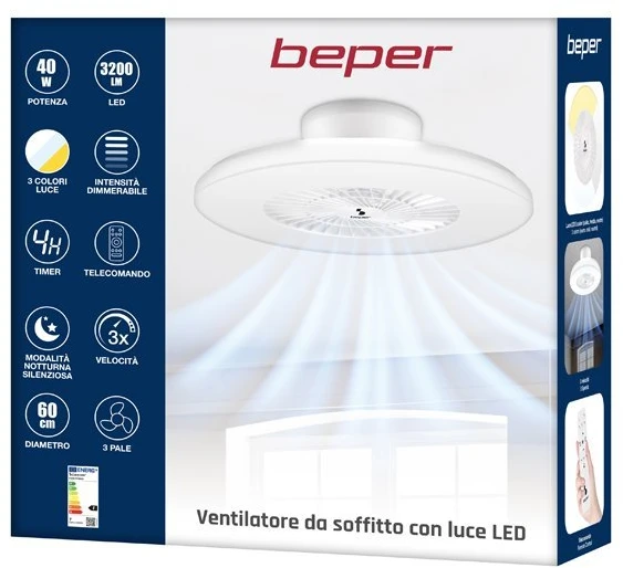 Lubų ventiliatorius su pritemdomu LED apšvietimu Beper P206VEN650, 40 W, 60 cm