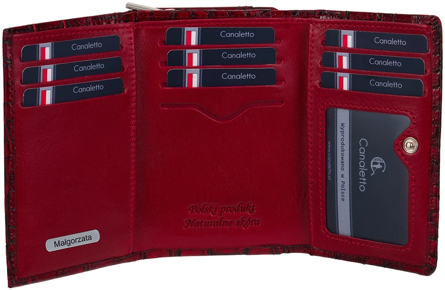LUCILLA Raudona Portfel Damski su grawerem croco Canaletto RFID
