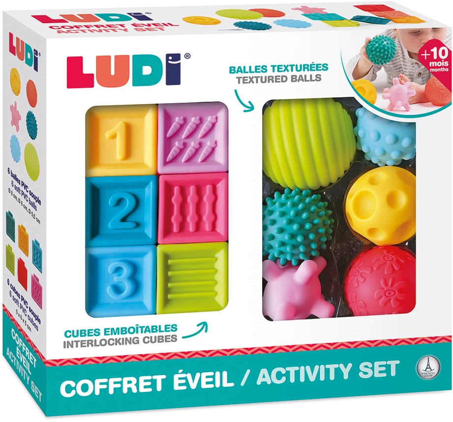 LUDI ankstyvojo ugdymo sensorinis rinkinys – kamuoliukai ir kubeliai, 10+ mėn.