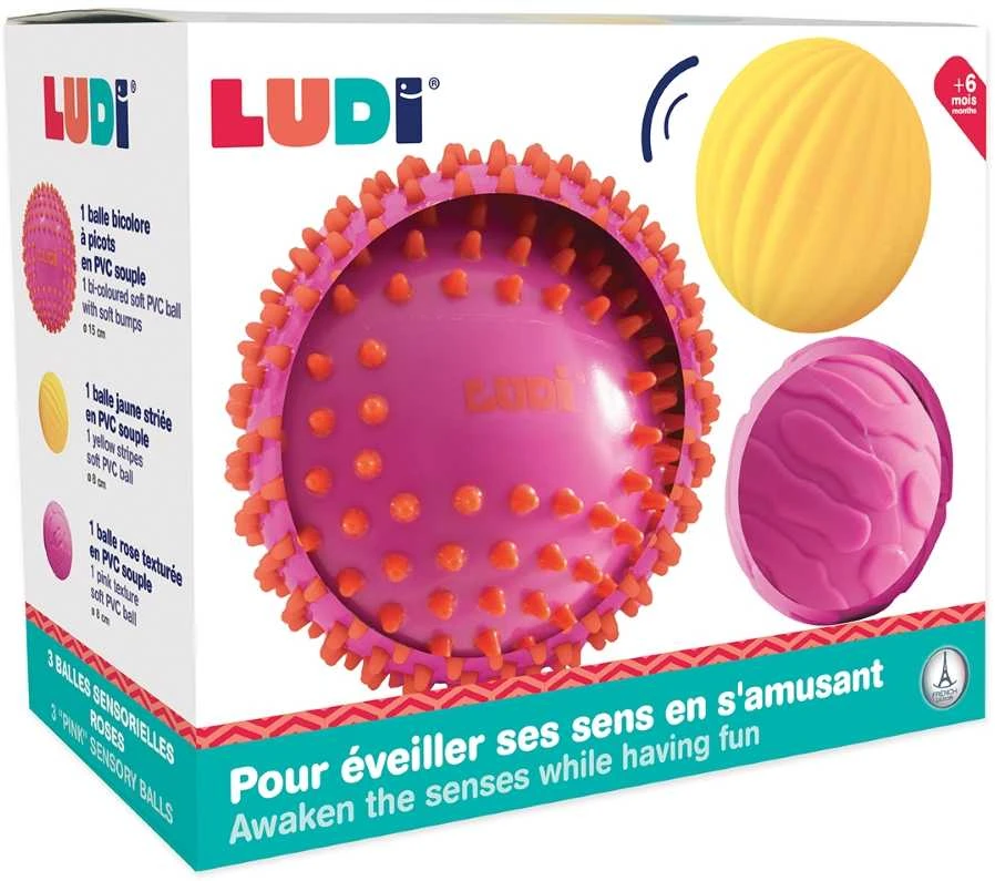 LUDI sensoriniai kamuoliukai, rožinė ir geltona, 3 vnt.