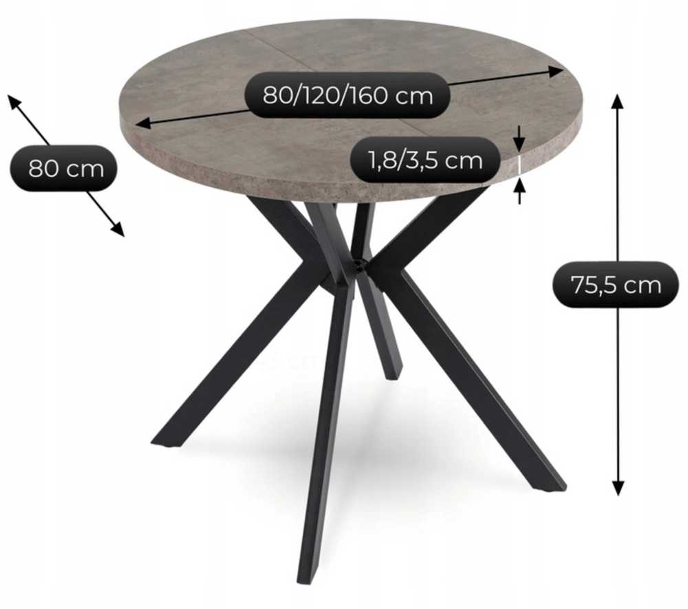 Dilan išskleidžiamas apvalus stalas, 80–160 cm, betono spalvos/juodas, lofto stiliaus