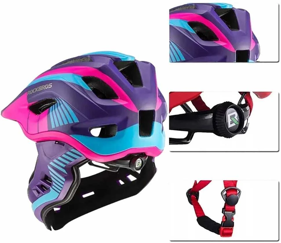 Rockbros TT-32SBPP-M vaikiškas dviračio šalmas su nuimamu smakro apsauga, dydis M – violetinė-rožinė