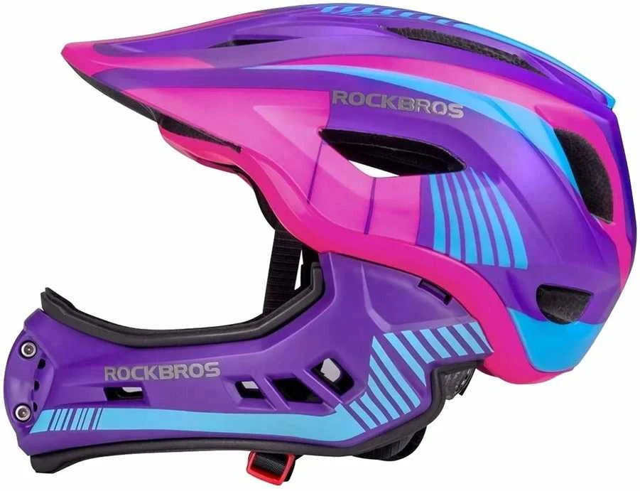 Rockbros TT-32SBPP-M vaikiškas dviračio šalmas su nuimamu smakro apsauga, dydis M – violetinė-rožinė