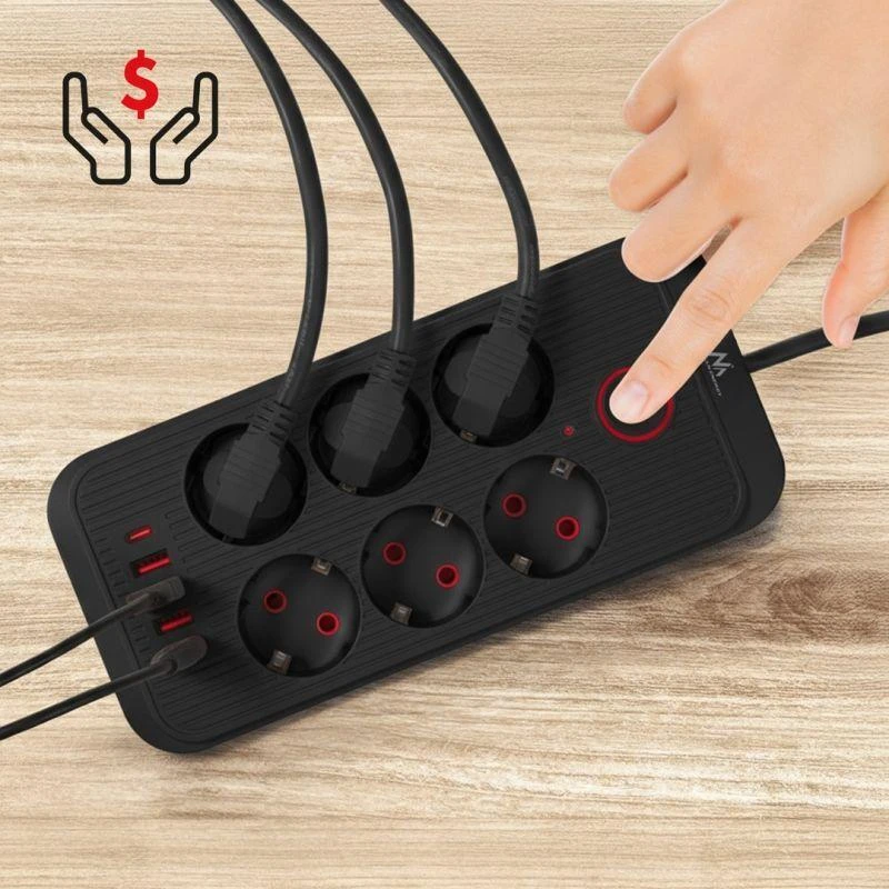„Maclean“ maitinimo jungtis, 6 lizdų prailgintuvas + 4xUSB, 110-240V AC 50/60Hz, 2.1A max 2500W, 1.5 m, juodas, MCE389 B