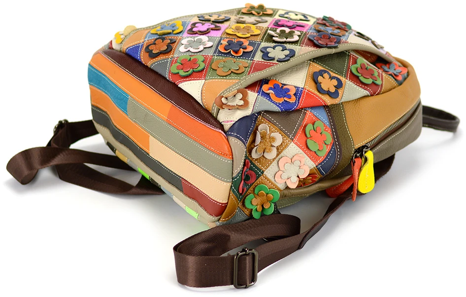 Magic Bags Damski skórzany plecak w kolorową mozaikę i kwiaty stylowy