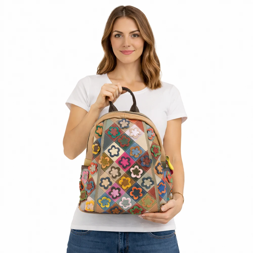 Magic Bags Damski skórzany plecak w kolorową mozaikę i kwiaty stylowy