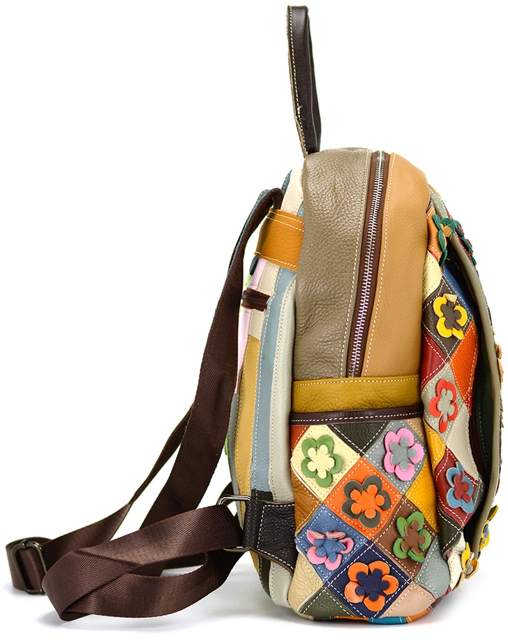 Magic Bags Damski skórzany plecak w kolorową mozaikę i kwiaty stylowy