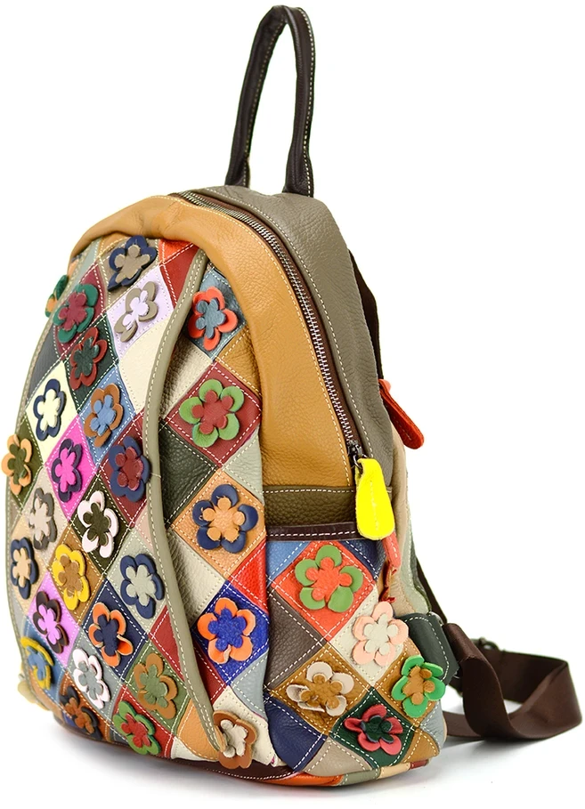 Magic Bags Moteriška odinė kuprinė su spalvinga mozaika ir gėlėmis, stilinga.