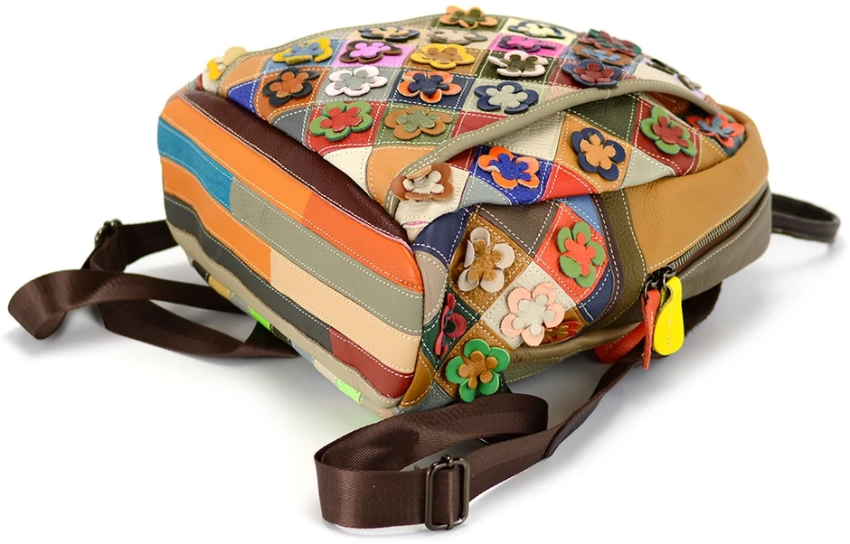 Magic Bags Moteriška odinė kuprinė su spalvinga mozaika ir gėlėmis, stilinga.