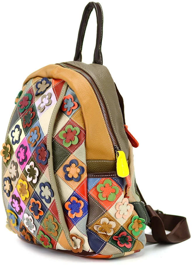 Magic Bags Damski skórzany plecak w kolorową mozaikę i kwiaty stylowy