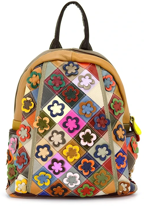 Magic Bags Moteriška odinė kuprinė su spalvinga mozaika ir gėlėmis, stilinga.