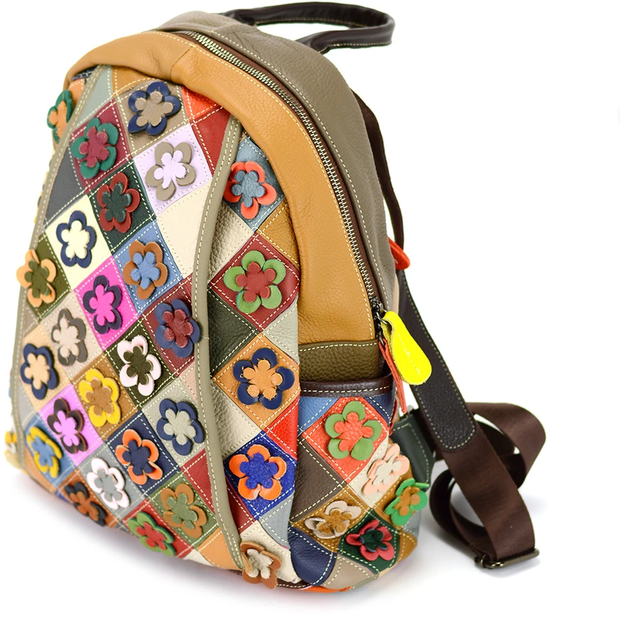Magic Bags Damski skórzany plecak w kolorową mozaikę i kwiaty stylowy