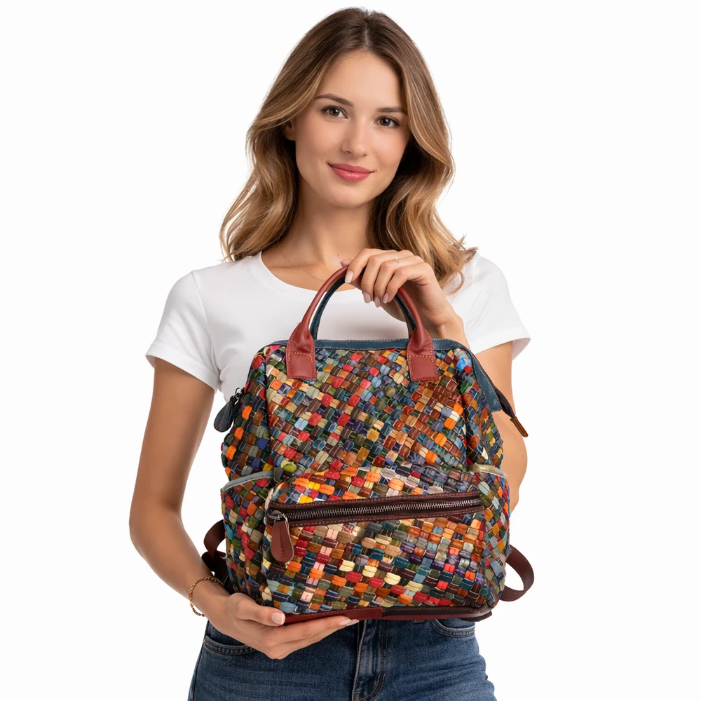 Magic Bags duży plecak damski skórzany kieszenie kolorowa mozaika duży