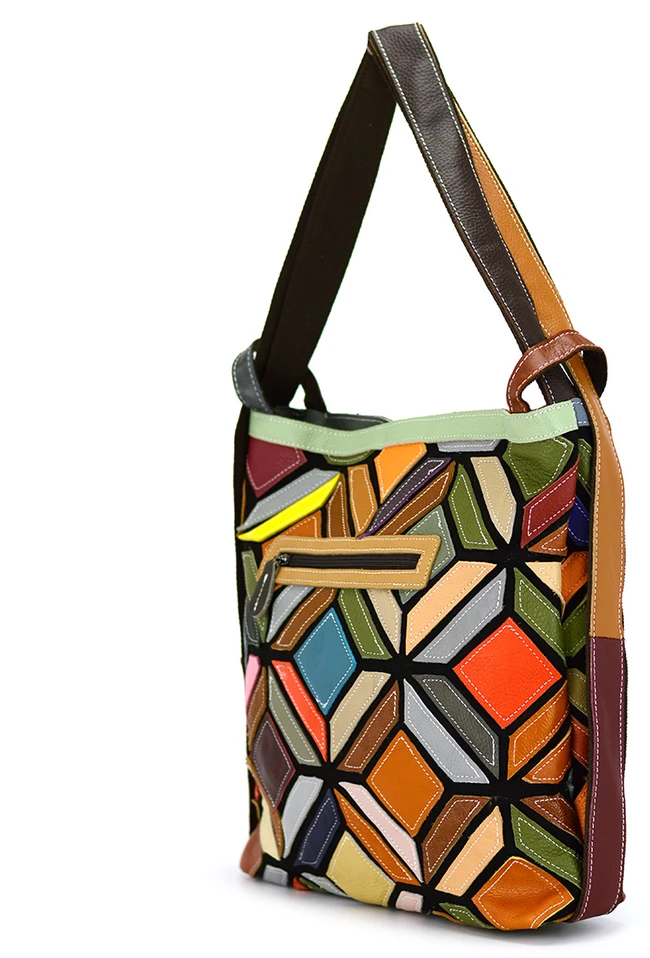 Magic Bags Kolorowa Listonoszka Damska Skórzana Torebka na Ramię Mozaika
