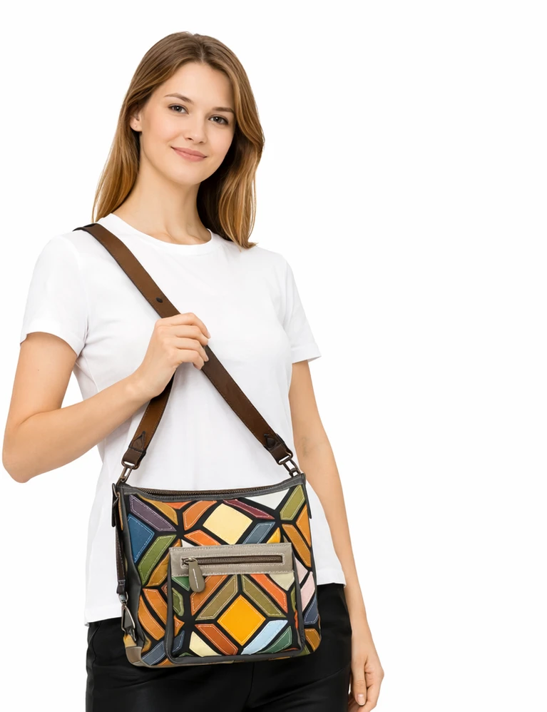 Magic Bags listonoszka damska skórzana torebka na ramię kolorowa mozaika