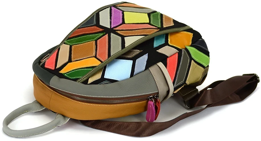 Magic Bags moteriškas kuprinės, natūrali oda, spalvota mozaika, miesto stilius, užtrauktukas.