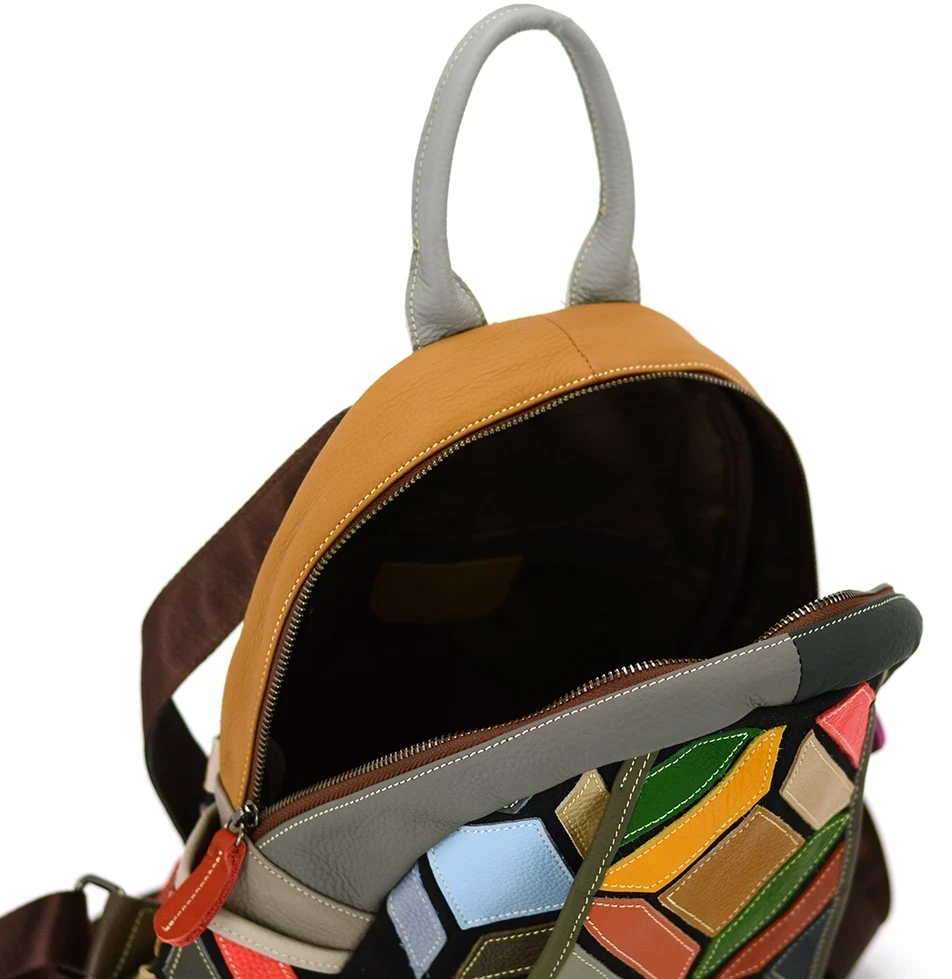 Magic Bags moteriškas kuprinės, natūrali oda, spalvota mozaika, miesto stilius, užtrauktukas.