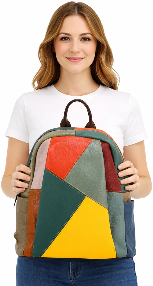 Magic Bags moteriškas kuprinės, natūrali oda, spalvota mozaika, miesto stilius, užtrauktukas.