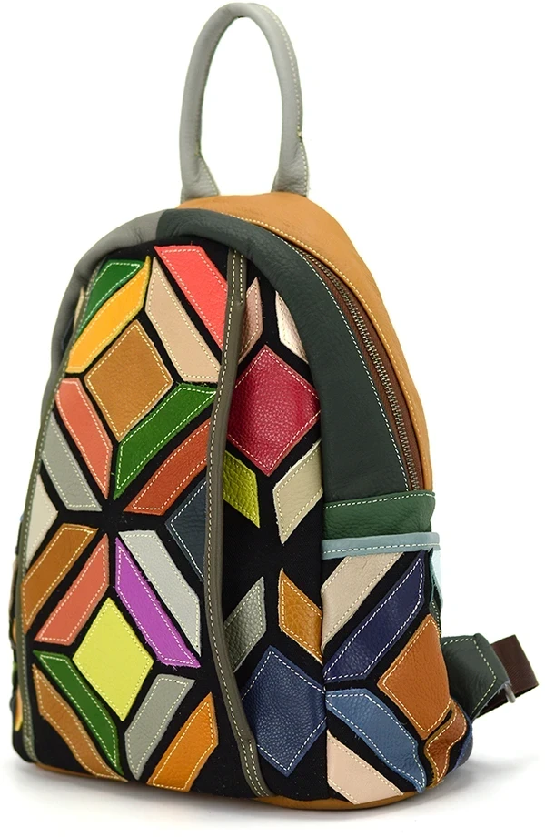 Magic Bags moteriškas kuprinės, natūrali oda, spalvota mozaika, miesto stilius, užtrauktukas.