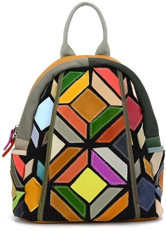 Magic Bags moteriškas kuprinės, natūrali oda, spalvota mozaika, miesto stilius, užtrauktukas.