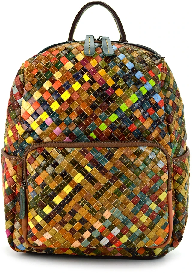 Magic Bags kuprinė, natūrali oda, spalvota mozaika, moteriška, miesto stilius, kišenės.