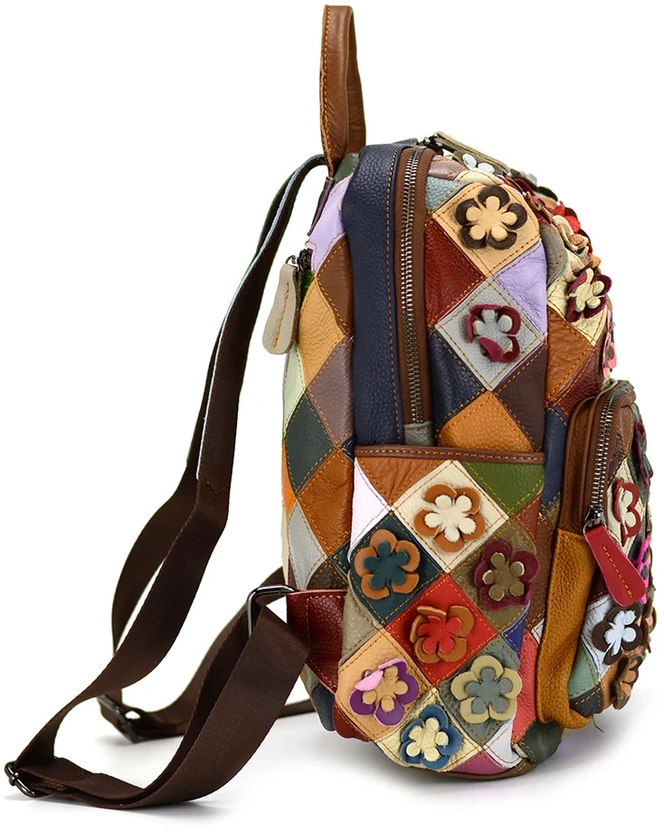 Magic Bags kuprinė, natūrali oda, spalvota mozaika, moteriška, miesto stilius, kišenės.