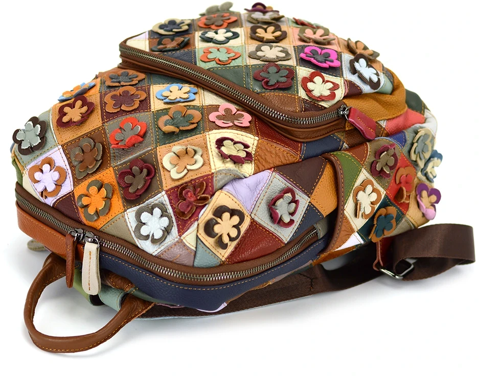 Magic Bags kuprinė, natūrali oda, spalvota mozaika, moteriška, miesto stilius, kišenės.