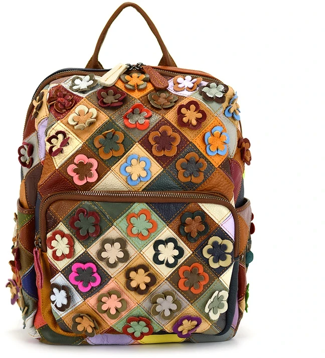 Magic Bags kuprinė, natūrali oda, spalvota mozaika, moteriška, miesto stilius, kišenės.
