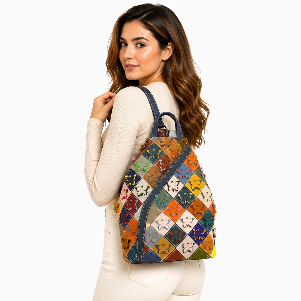 Magic Bags Skórzany pojemny damski torebka-plecak w mozaikę miejski