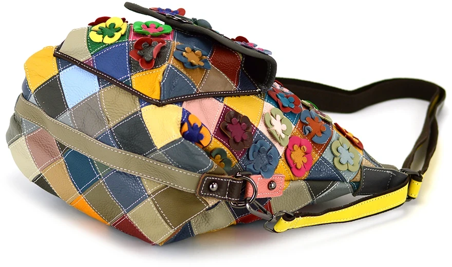 Magic Bags moteriška A4 dydžio odinė kuprinė, spalvota mozaika, pirkinių krepšys.