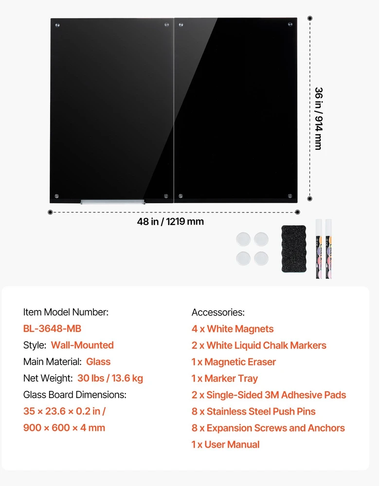 Magnetinė stiklinė lenta VEVOR BL-3648-MB, 900 x 600 mm, 2 vnt.