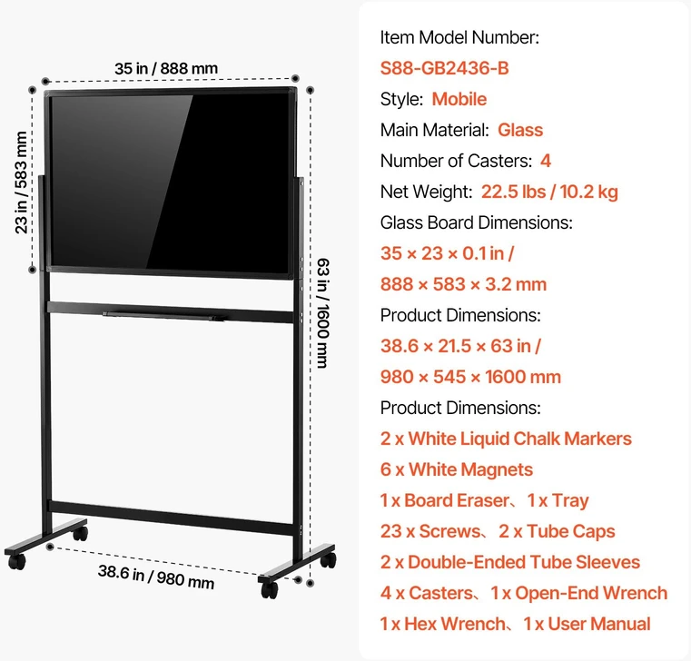 Magnetinė stiklinė lenta VEVOR S88-GB2436-B, 888x583 mm