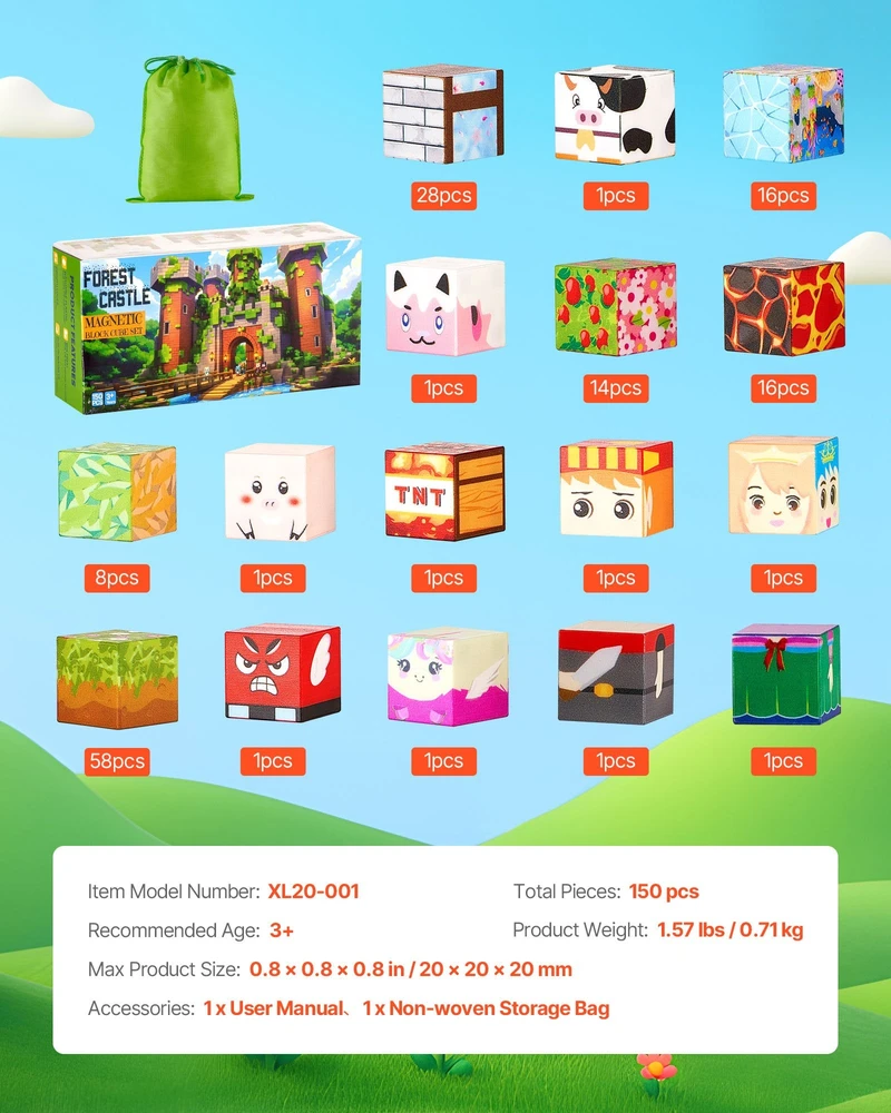 VEVOR Magnetinės kaladėlės 150 vnt miško pilies rinkinys